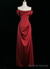 Wine Red Satin Off Shoulder Long Party Dress, Wine Red Satin Prom Dress
